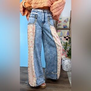 NWT POL Clothing Boho Mixed Media Wide Leg Jogger Floral Patch Work Lotus Jeans